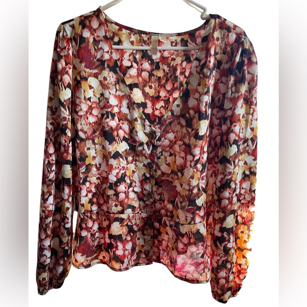 Johnny Was Red and Cream Ruffled Blouse